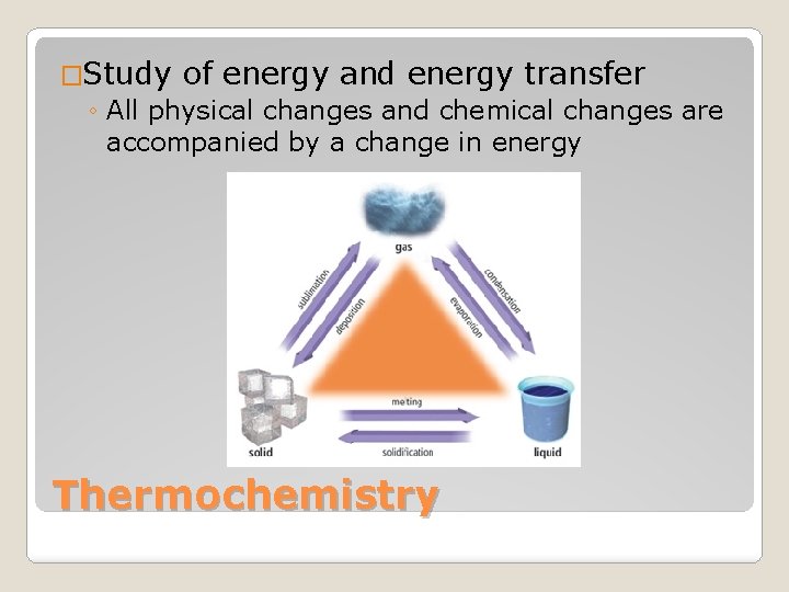 �Study of energy and energy transfer ◦ All physical changes and chemical changes are