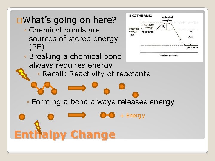 �What’s going on here? ◦ Chemical bonds are sources of stored energy (PE) ◦