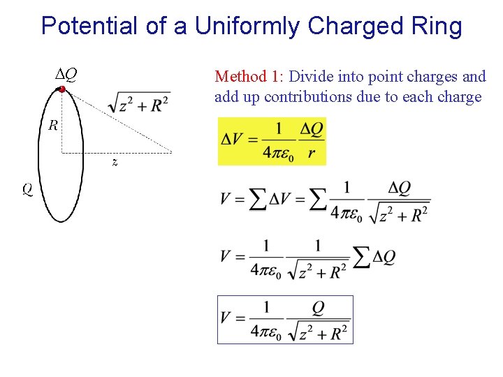 Potential of a Uniformly Charged Ring Q Method 1: Divide into point charges and