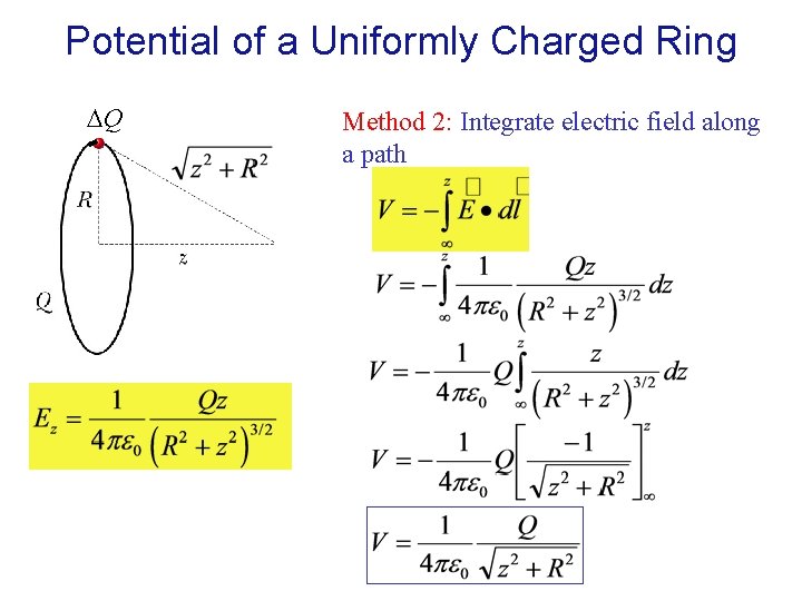 Potential of a Uniformly Charged Ring Q Method 2: Integrate electric field along a