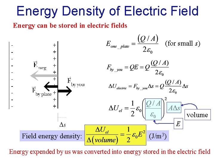 Energy Density of Electric Field Energy can be stored in electric fields (for small