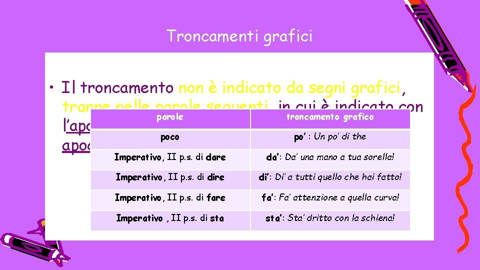 Troncamenti grafici • Il troncamento non è indicato da segni grafici, tranne nelle parole