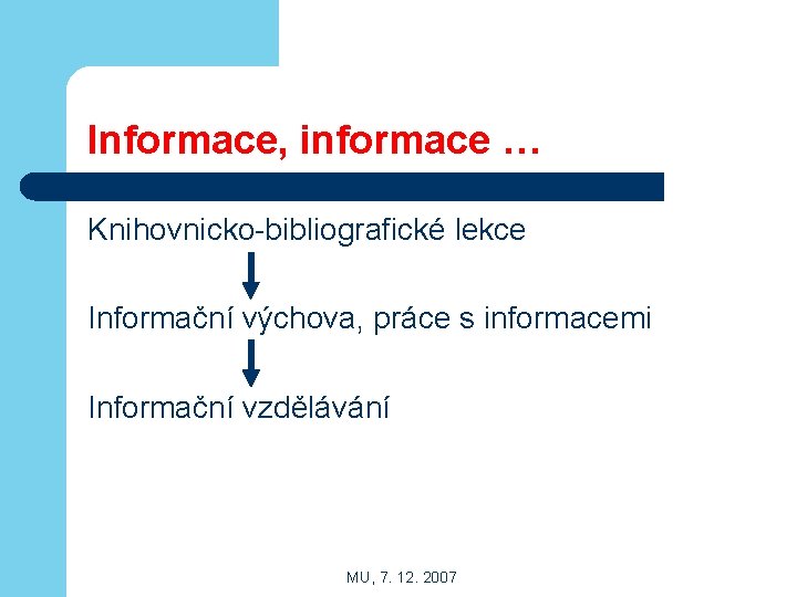Informace, informace … Knihovnicko-bibliografické lekce Informační výchova, práce s informacemi Informační vzdělávání MU, 7.