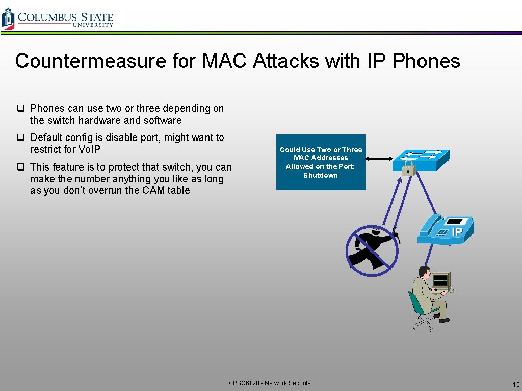Countermeasure for MAC Attacks with IP Phones q Phones can use two or three Countermeasure for MAC Attacks with IP Phones q Phones can use two or three
