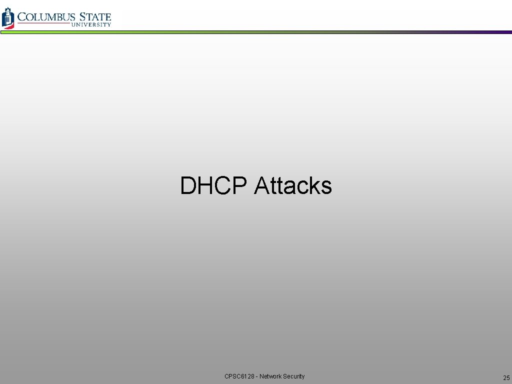 DHCP Attacks CPSC 6128 - Network Security 25 DHCP Attacks CPSC 6128 - Network Security 25