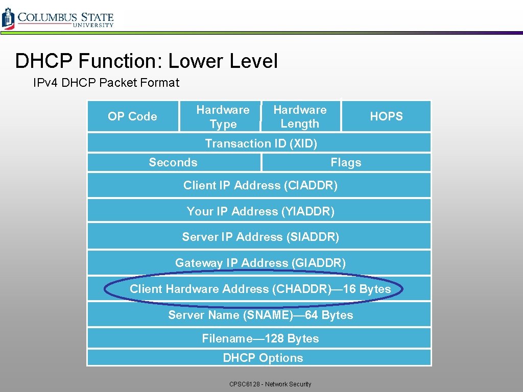 DHCP Function: Lower Level IPv 4 DHCP Packet Format OP Code Hardware Type Hardware DHCP Function: Lower Level IPv 4 DHCP Packet Format OP Code Hardware Type Hardware