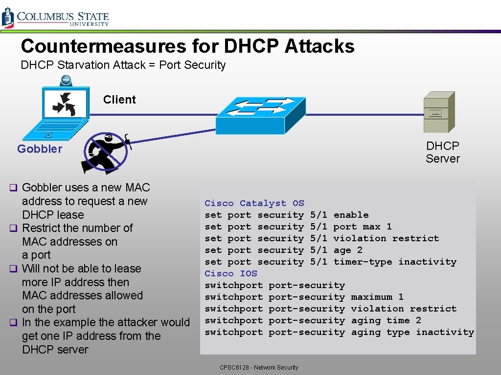 Countermeasures for DHCP Attacks DHCP Starvation Attack = Port Security Client DHCP Server Gobbler Countermeasures for DHCP Attacks DHCP Starvation Attack = Port Security Client DHCP Server Gobbler