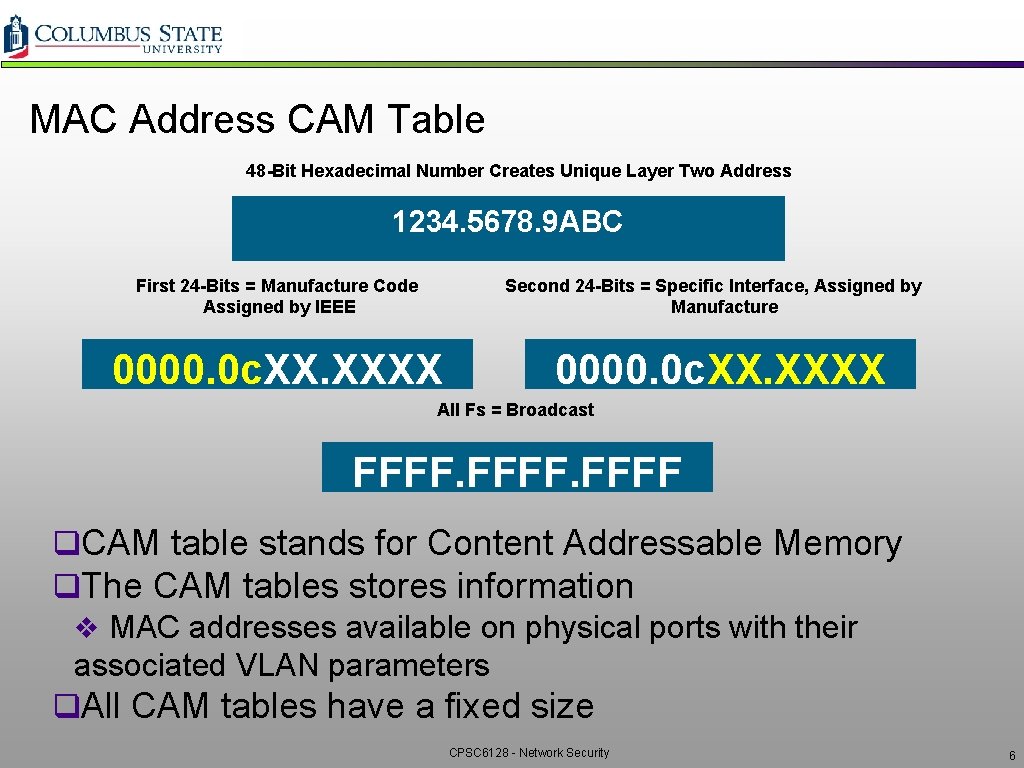MAC Address CAM Table 48 -Bit Hexadecimal Number Creates Unique Layer Two Address 1234. MAC Address CAM Table 48 -Bit Hexadecimal Number Creates Unique Layer Two Address 1234.