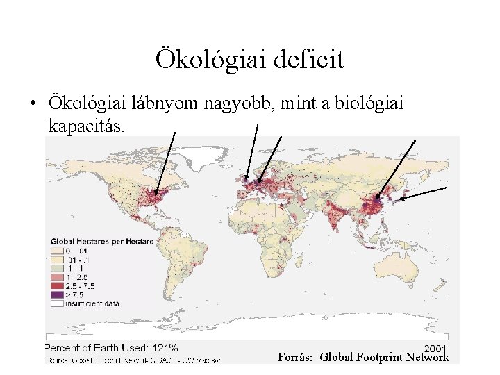 Ökológiai deficit • Ökológiai lábnyom nagyobb, mint a biológiai kapacitás. Forrás: Global Footprint Network