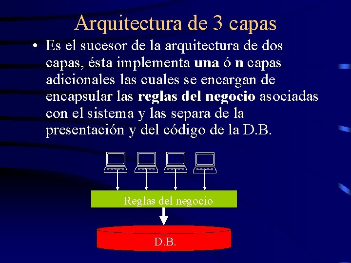 Arquitectura de 3 capas • Es el sucesor de la arquitectura de dos capas,