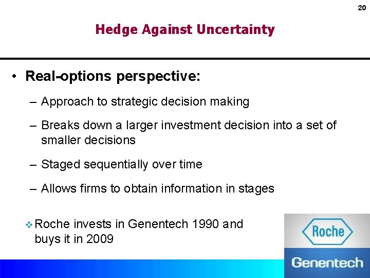 20 Hedge Against Uncertainty • Real-options perspective: – Approach to strategic decision making –