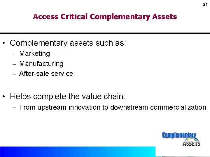 21 Access Critical Complementary Assets • Complementary assets such as: – Marketing – Manufacturing