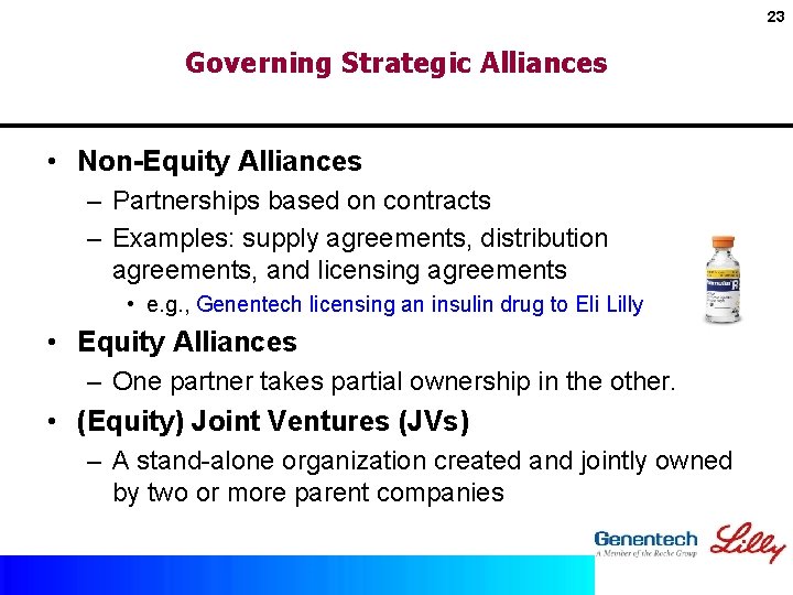 23 Governing Strategic Alliances • Non-Equity Alliances – Partnerships based on contracts – Examples: