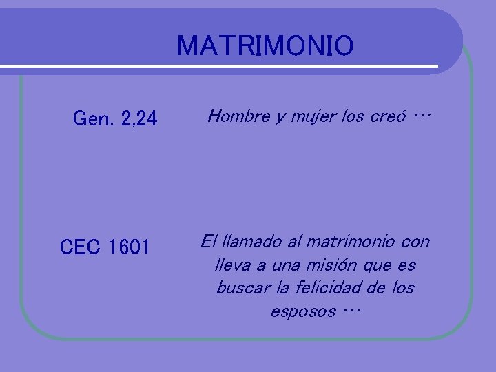 MATRIMONIO Gen. 2, 24 CEC 1601 Hombre y mujer los creó … El llamado