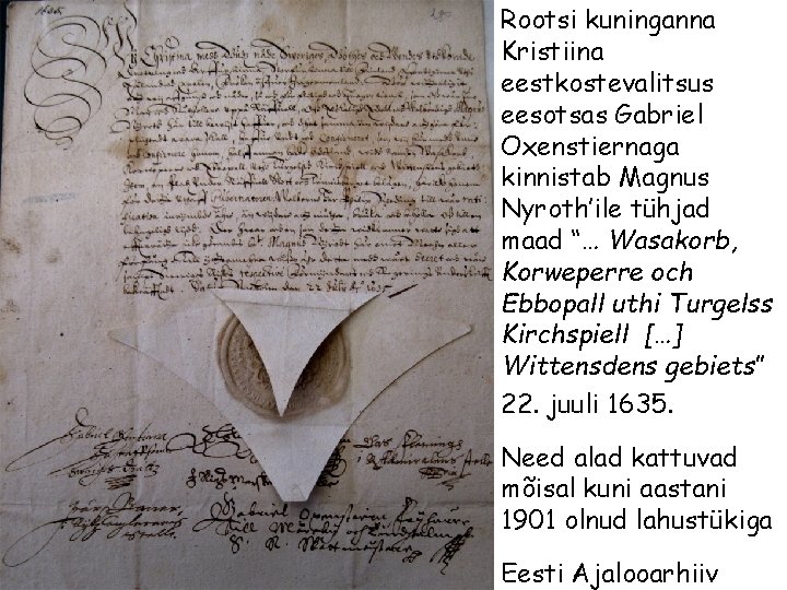 Rootsi kuninganna Kristiina eestkostevalitsus eesotsas Gabriel Oxenstiernaga kinnistab Magnus Nyroth’ile tühjad maad “… Wasakorb,