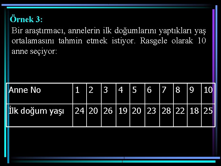 Örnek 3: Bir araştırmacı, annelerin ilk doğumlarını yaptıkları yaş ortalamasını tahmin etmek istiyor. Rasgele