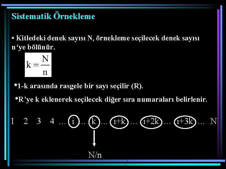 Sistematik Örnekleme • Kitledeki denek sayısı N, örnekleme seçilecek denek sayısı n‘ye bölünür. •