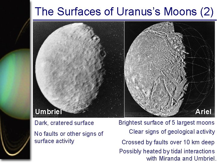 The Surfaces of Uranus’s Moons (2) Umbriel Dark, cratered surface No faults or other