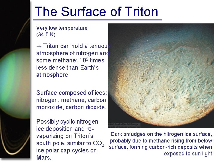 The Surface of Triton Very low temperature (34. 5 K) Triton can hold a