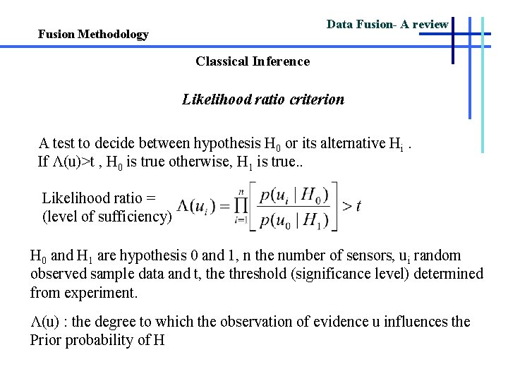 Data Fusion- A review Fusion Methodology Classical Inference Likelihood ratio criterion A test to