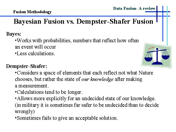 Fusion Methodology Data Fusion- A review Bayesian Fusion vs. Dempster-Shafer Fusion Bayes: • Works