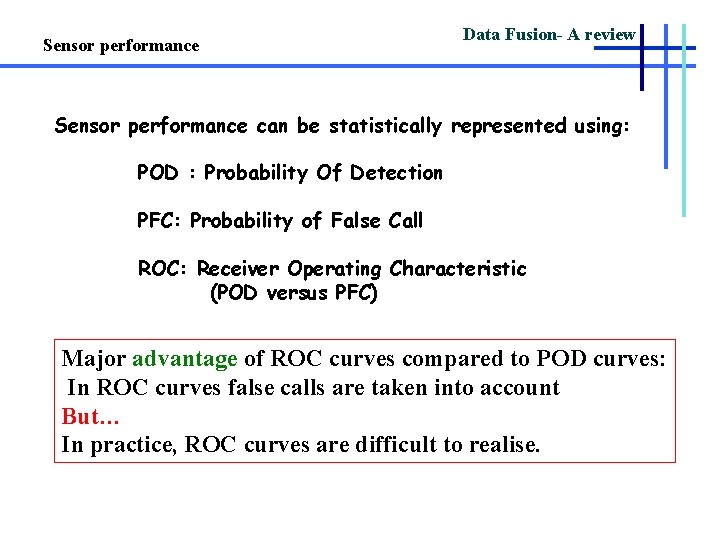 Sensor performance Data Fusion- A review Sensor performance can be statistically represented using: POD