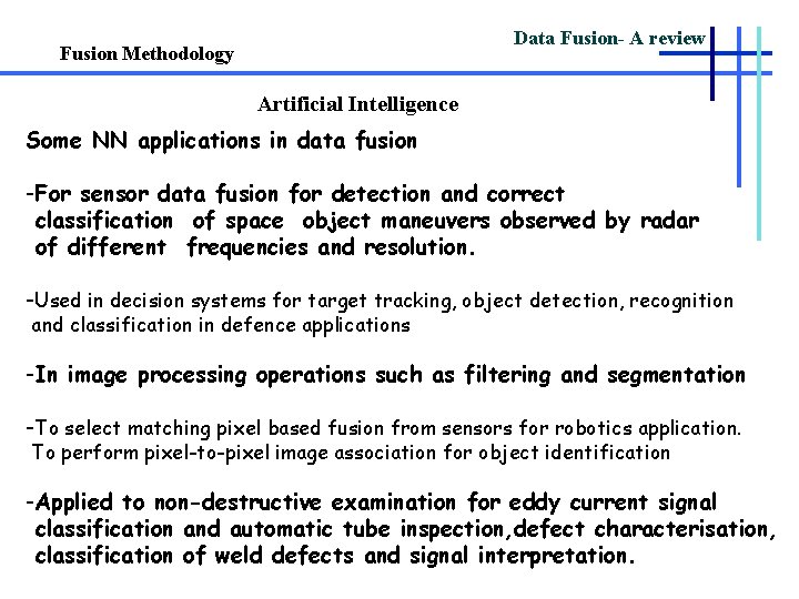 Data Fusion- A review Fusion Methodology Artificial Intelligence Some NN applications in data fusion