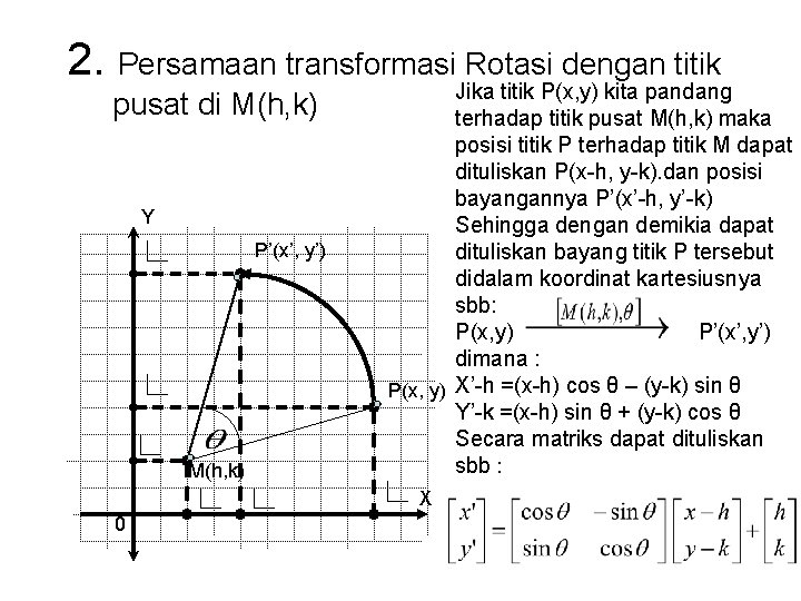 2. Persamaan transformasi Rotasi dengan titik pusat di M(h, k) Y P’(x’, y’) M(h, 2. Persamaan transformasi Rotasi dengan titik pusat di M(h, k) Y P’(x’, y’) M(h,