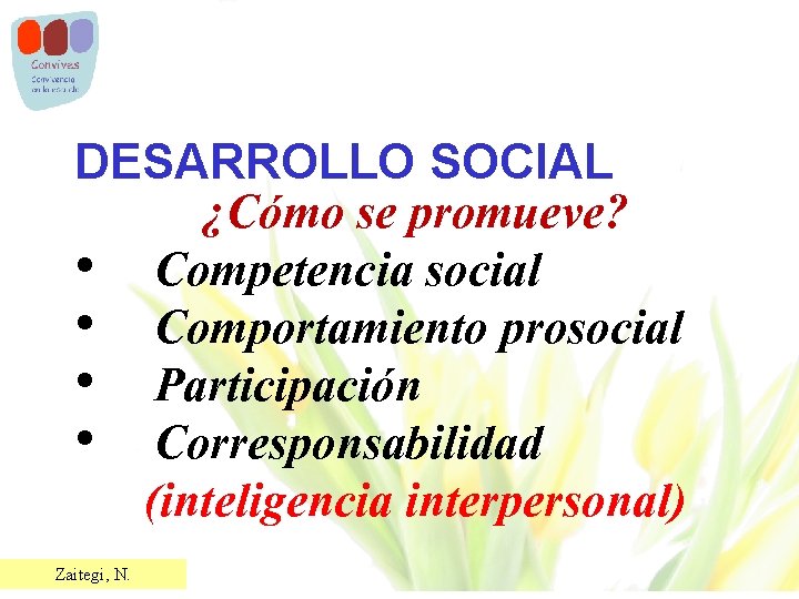 DESARROLLO SOCIAL • • Zaitegi, N. ¿Cómo se promueve? Competencia social Comportamiento prosocial Participación