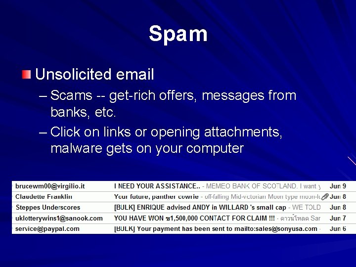 Spam Unsolicited email – Scams -- get-rich offers, messages from banks, etc. – Click