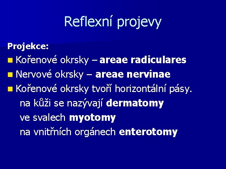 Reflexní projevy Projekce: n Kořenové okrsky – areae radiculares n Nervové okrsky – areae