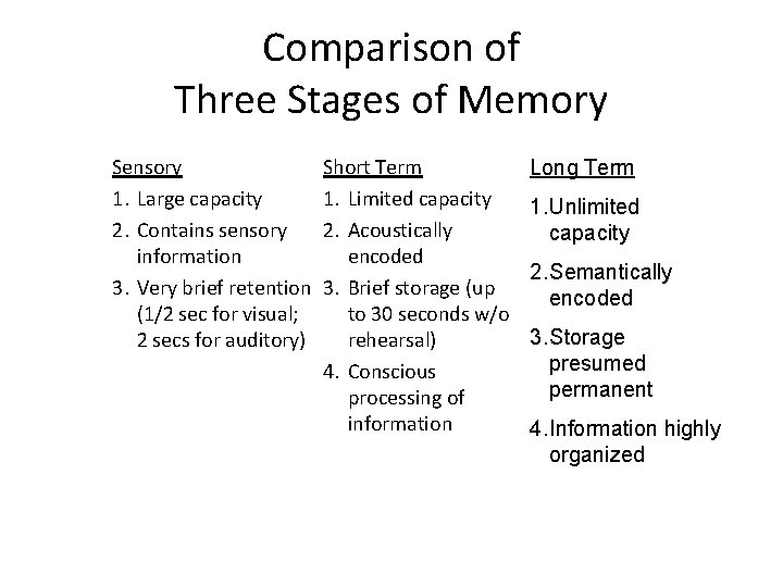 Comparison of Three Stages of Memory Sensory 1. Large capacity 2. Contains sensory information