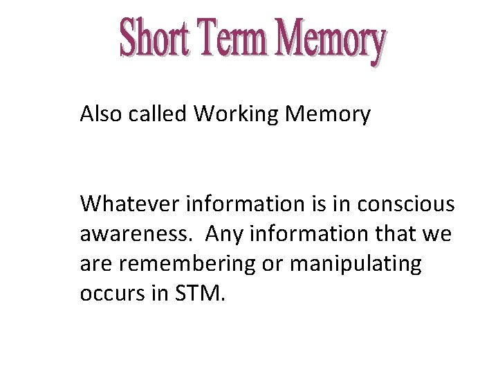 Also called Working Memory Whatever information is in conscious awareness. Any information that we