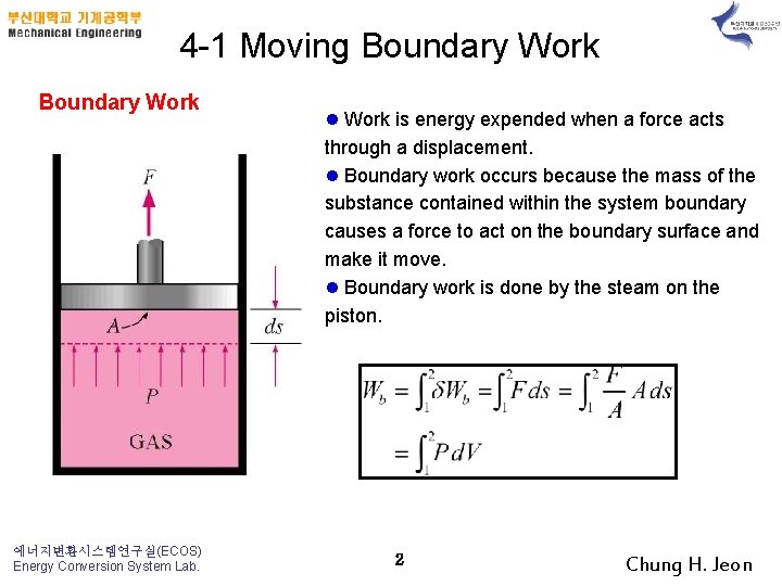 4 -1 Moving Boundary Work 에너지변환시스템연구실(ECOS) Energy Conversion System Lab. l Work is energy