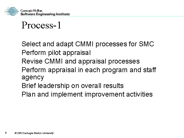 Process-1 Select and adapt CMMI processes for SMC Perform pilot appraisal Revise CMMI and