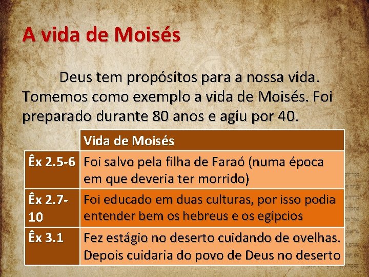 A vida de Moisés Deus tem propósitos para a nossa vida. Tomemos como exemplo