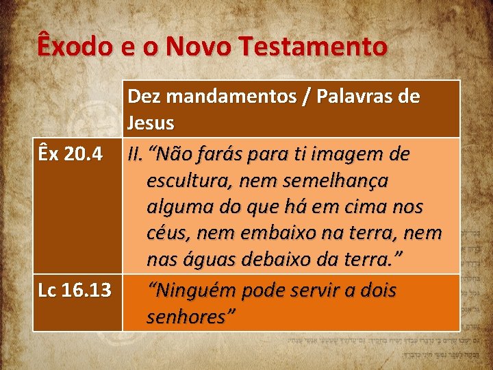 Êxodo e o Novo Testamento Dez mandamentos / Palavras de Jesus Êx 20. 4