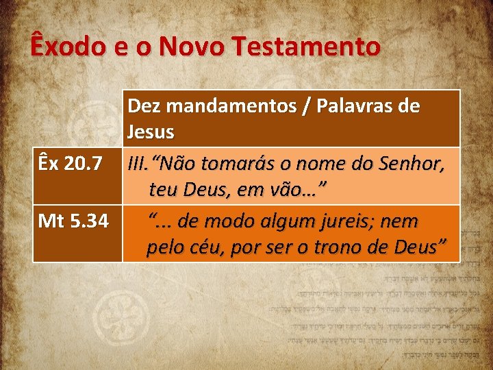 Êxodo e o Novo Testamento Dez mandamentos / Palavras de Jesus Êx 20. 7