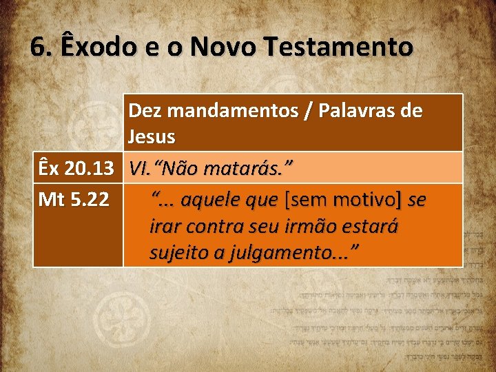 6. Êxodo e o Novo Testamento Dez mandamentos / Palavras de Jesus Êx 20.