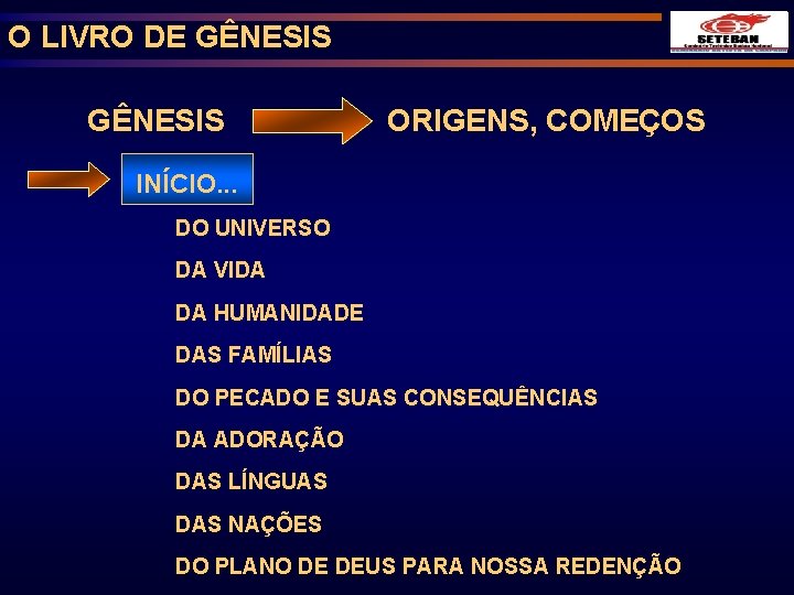 O LIVRO DE GÊNESIS ORIGENS, COMEÇOS INÍCIO. . . DO UNIVERSO DA VIDA DA