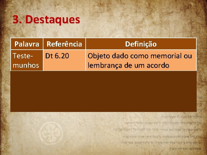 3. Destaques Palavra Referência Definição Teste. Dt 6. 20 Objeto dado como memorial ou