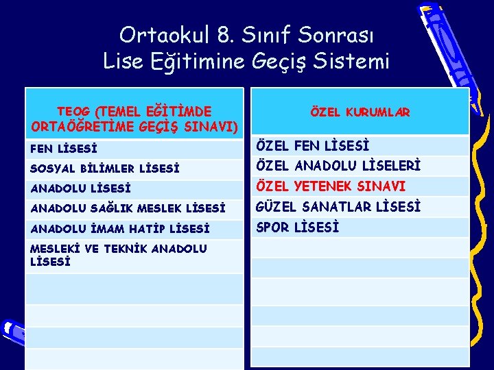 Ortaokul 8. Sınıf Sonrası Lise Eğitimine Geçiş Sistemi TEOG (TEMEL EĞİTİMDE ORTAÖĞRETİME GEÇİŞ SINAVI)