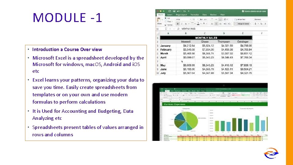 MODULE -1 • Introduction a Course Over view • Microsoft Excel is a spreadsheet