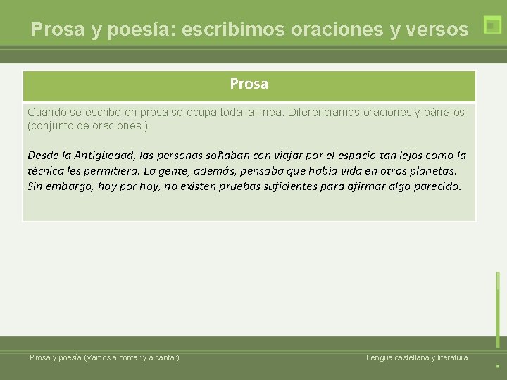 Prosa y poesía: escribimos oraciones y versos Prosa Cuando se escribe en prosa se