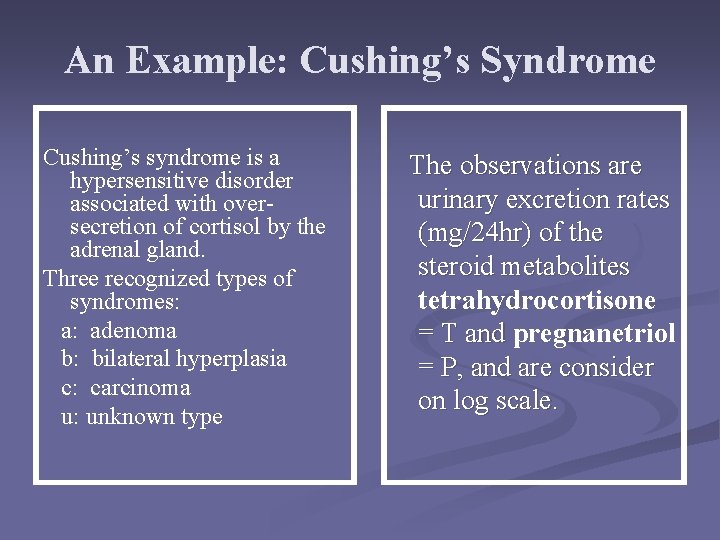 An Example: Cushing’s Syndrome Cushing’s syndrome is a hypersensitive disorder associated with oversecretion of