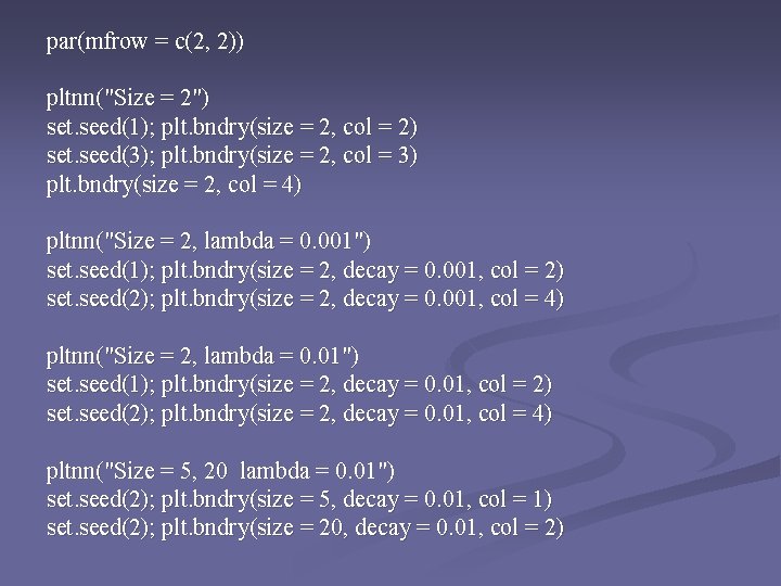 par(mfrow = c(2, 2)) pltnn("Size = 2") set. seed(1); plt. bndry(size = 2, col