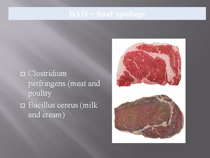 BAD = food spoilage Clostridium perfringens (meat and poultry Bacillus cereus (milk and cream) BAD = food spoilage Clostridium perfringens (meat and poultry Bacillus cereus (milk and cream)
