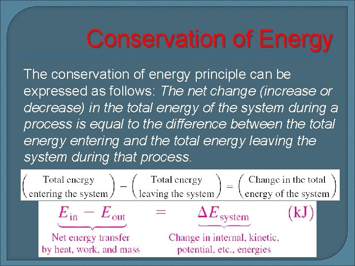 Conservation of Energy The conservation of energy principle can be expressed as follows: The