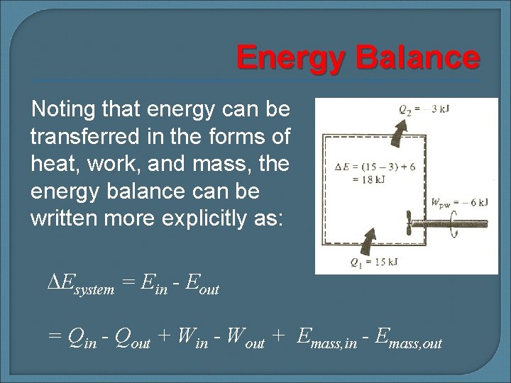 Energy Balance Noting that energy can be transferred in the forms of heat, work,