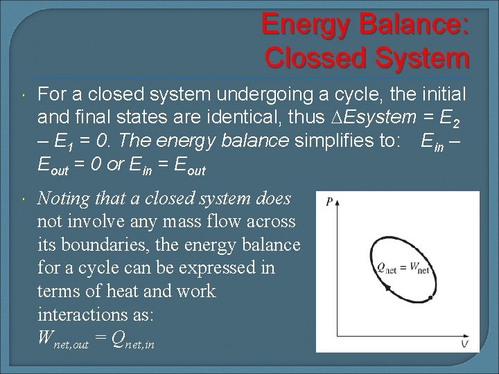 Energy Balance: Clossed System For a closed system undergoing a cycle, the initial and